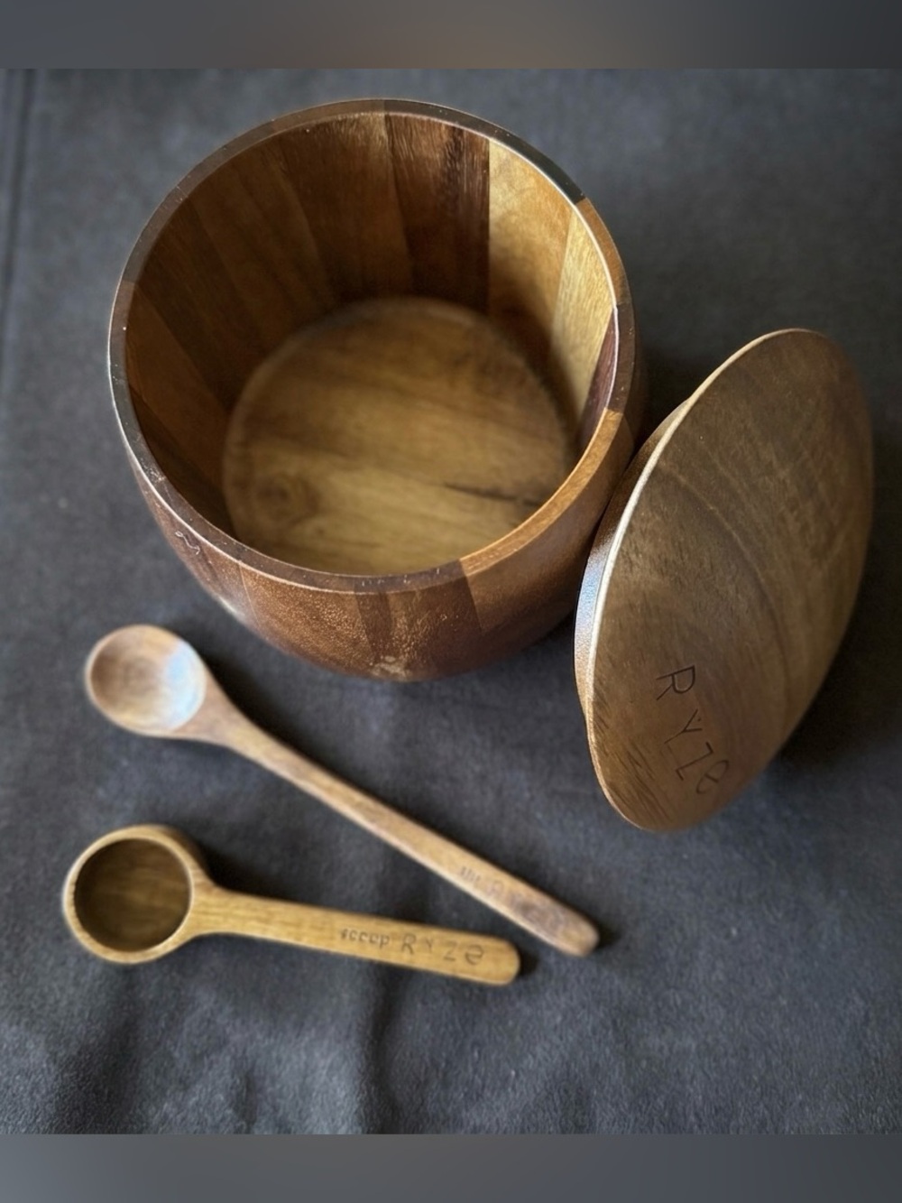 RYZE Wooden Acacia Jar with Measuring and Stir Scoops - Picture 3 of 4